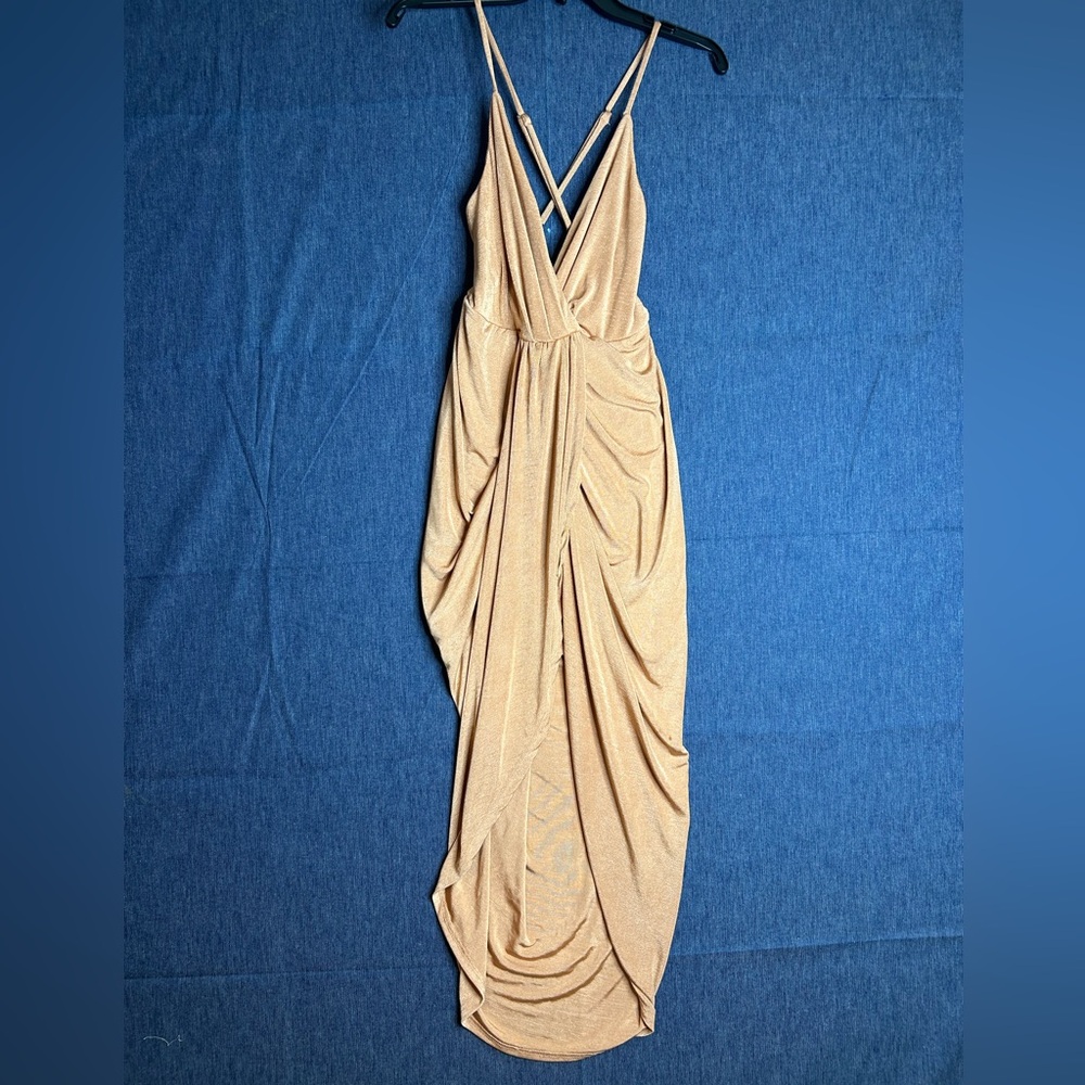 MARBLE Metallic champagne color Draped Maxi Dress with Cross-Back Straps